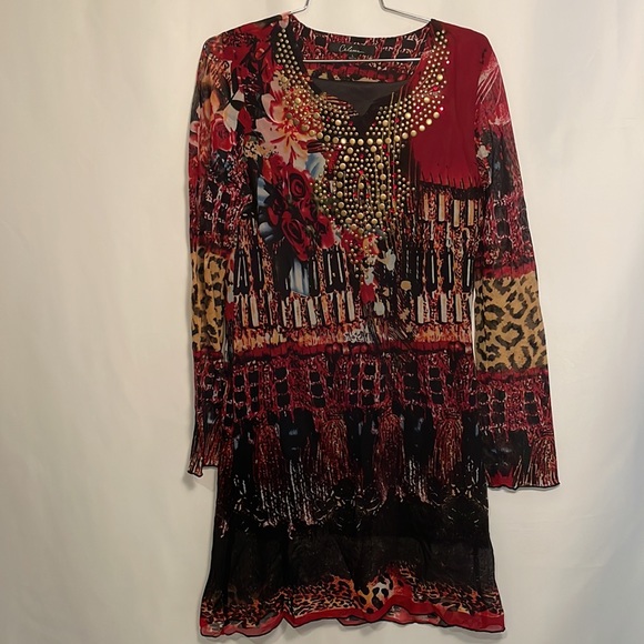 Calessa Red Printed Mesh Dress - Picture 3 of 8